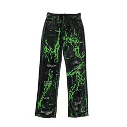 Men's Jeans fluorescent green splash ink worn holes washed jeans straight micro horn casual pants men's DP