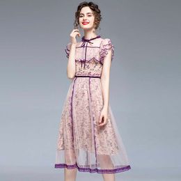 Fashion Ruffled Mesh Dress Women Summer Hollow Out Lace Trim Patchwork es Vintage Elegant party Vestidos 210529