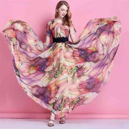 Colorful Floral Printed Chiffon Maxi Dress Free and Loose Beach Wedding Long Flowy Dress with Sleeves 210331