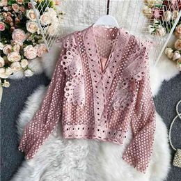 top spring water UK - Fashion Crochet Hollow V-neck Water-soluble Lace Shirt Women's Spring and Autumn Temperament Top Long Sleeve UK288 210507