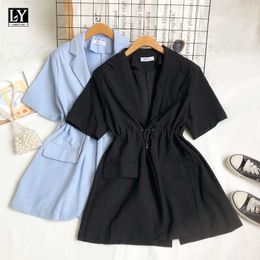 LY VAREY LIN Summer Women Casual Loose High Waist Solid Colour Suit Coat Shirt Office Lady Notched Short Sleeve Drawstring Shirts 210526