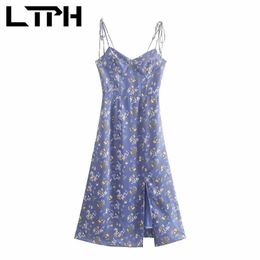 French vintage blue floral sleeveless camisole dress women Slim high waist hem split Resort long dresses Summer 210427