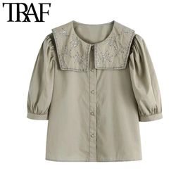 Women Fashion With Embroidered Collar Blouses Vintage Puff Sleeve Button-up Female Shirts Blusas Chic Tops 210507