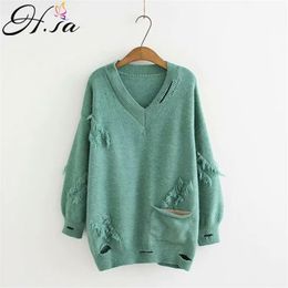 H.SA Women Oversized sweater and Pullovers For Winter Jumpers Tassel Broken Hole Knitwear Pocket Korean Loose Long Pull 210417