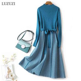 LUZUZI Jacquard Knit Women Sweater Dress Sahes Turtleneck A Line Long Sleeve Winter Dresses 2020 Christmas Party Midi Dress G1214