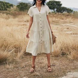 women summer dress Casual turn down collar short sleeve single buttons loose pleated female long es 210524