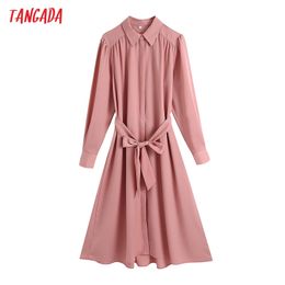 Fashion Women Solid Pink Shirt Long Sleeve Office Ladies Midi Dress with Slash CE249 210416