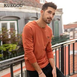 KUEGOU 100% Cotton Spring Fashion Clothing Mens T-shirt Long Sleeve Simple Tshirt Letter Embroidery Top Plus Size ZT-88127 210524