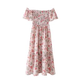 Women Floral Midi Dress Summer Fashion Slash Neck Shirred Bust Sundress Feminino Vestido 210602