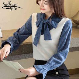 19 Long Sleeve Bow Collar Blouse Women Tops Casual Slim Pullover Shirt Clothes Camisas Mujer 6945 50 210508
