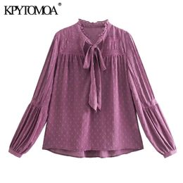 Women Fashion Patchwork Loose Ruffled Blouses Bow Tied Collar Long Sleeve Female Shirts Blusas Chic Tops 210420