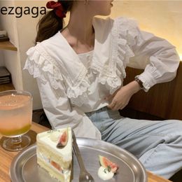 Ezgaga Sweet Women Shirts Spring New Chic Sailor Collar Long Sleeve Lace Patchwork Korean Fashion Clothing Solid White Shirts 210430