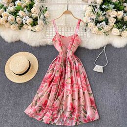 Sexy Spaghetti Strap Sleeveless Summer Dress for Women Elegant Floral Print Boho High Waist Casual Party 210603
