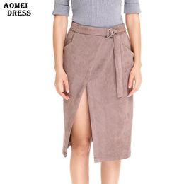 Women Winter Spring Skirt Split Jupe with Waist Belt Female Fall Fashion Brown Solid Color Knee-Length Skirts Clothing 210416