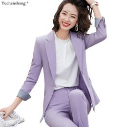 Women Work Business Formal Blazer And Pant Suit 2 Piece Set Office Ladies Purple Blue Green Brown Black Jacket Trousers Women's Two Pants