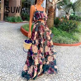 Arrival Boho Tie Dye Summer Two Piece Outfits For Women Sets With Skirt Spaghetti Strap Crop Tops Ruffles Midi Dress 210525