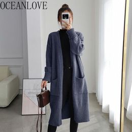 Women Sweaters Solid Pockets Autumn Winter All Match Long Cardigans Korean Cosy Mujer Chaqueta Fashion Knitwear 17562 210415