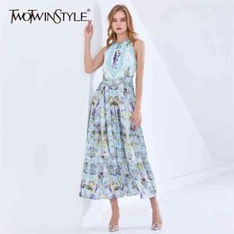 Spring Print Floral Dress For Women O Neck Sleeveless High Waist Maxi Elegant Dresses Female Fashion Clothes 210520
