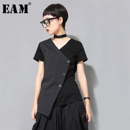 [EAM] Women Black Button Irregular Big Size T-shirt V-Neck Short Sleeve Fashion Spring Summer 1U323 210623