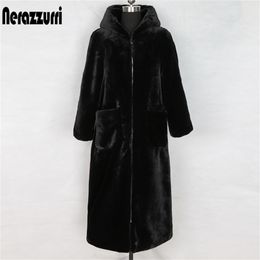 Nerazzurri Winter Long faux fur coat with Hood Long Sleeve Zipper Black Furry Fake Rabbit Fur Outwear Plus Size Korean Fashion 211122