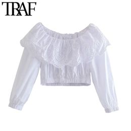 TRAF Women Fashion Hollow Out Embroidery Cropped Blouses Vintage Long Sleeve Elastic Trims Female Shirts Chic Tops 210415