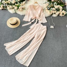 Neploe Holiday Beach Style Candy Color 2 Pcs Women Set V Neck Flare Long Sleeve Bow Shirt + High Waist Hip Straight Pants Suits Y0625