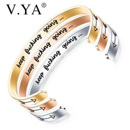 Charm Bracelets V.YA "Keep Going" Gold Open Bracelet For Women Stainless Steel Silver With Inspirational Quote Jewelry Gift