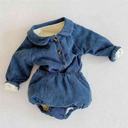 Autumn Winter Infant Baby Girls Long Sleeve Thicken Cardigan Coat + Lantern Shorts 2Pcs Clothing Sets Kids Suit Clothes 210521
