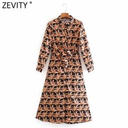 Women Vintage Tropical Leaves Print Bow Tied Sashes Midi Shirt Dress Office Lady Breasted Casual Slim Vestido DS4666 210420