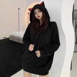 Korean Style Women Cute Cat Ear Solid Colour Hoodies Black Cool Girl Long Sleeve Loose Hooded Autumn Winter Top 1204 Women's & Sweatshirts