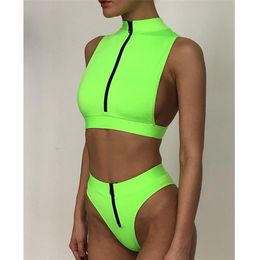 High Waist Bikini Mujer Neon Green Swimsuit Female Neck Swimwear Women Zipper Crop Top Sexy Bathing Suit Bathers 210722