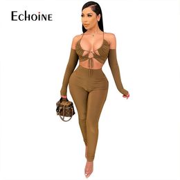 Echoine Women Ruched Spaghetti Strap Sexy Two Piece Set Long Sleeve Backless Crop Top & Pencil Legging Fitness Tracksuit Outfits Y0625