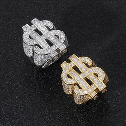 Hip Hop Side Stones Finger Rings 18K Gold Plated Dollar Sign Ring Iced Out Full Zircon Mens Bling Jewellery Gift