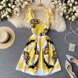 SINGREINY Women Summer Floral Bow Sling Dress Korean Square Collar Sleeveless A-line Dresses Boho Print Vacation Backless Dress 210419