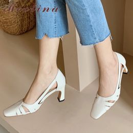 Meotina Genuine Leather High Heel Shoes Women Fashion Cutouts Pumps Square Toe Chunky Heels Shoes Slip On Dress Footwear Size 40 210520