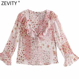 ZEVITY Women Sweet Dots Patchwork Floral Print Casual Smock Blouse Ladies V Neck Pleat Ruffles Femininas Shirts Chic Tops LS9311 210603