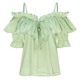 PERHAPS U Light Green Flare Half Sleeve Slash Neck Strapless Chiffon Elegant Blouse Shirt Women Summer B0627 210529