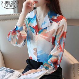 Blusas Mujer De Moda Autumn Korean Long Lantern Sleeve Print Chiffon Women Shirts Splice Button Cardigan Plus Size 7084 50 210527