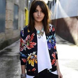 Trendy Retro Women Flower Print Casual Baseball Sweatshirt Zipper Thin Bomber Jacket Long Sleeves Coat Outwear 210607