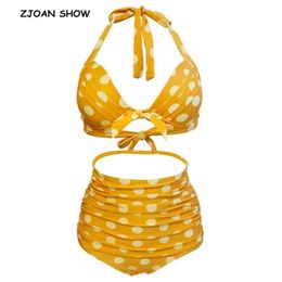 Retro Beach Set Sexy Bow Bandage Halter Collar Slim Ruched High waist Polka Dot Swim Bikini Women Bathing Suit Swimwear Swimsuit 210429