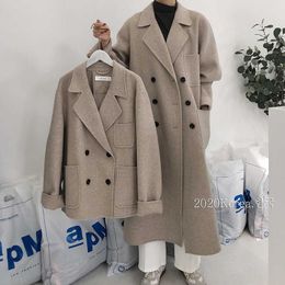 Double Sided Long Black Woollen Overcoat Women Winter Korean Handmade High End Loose Warm Double Breasted 100% Wool Coat 210930