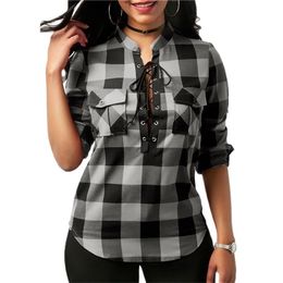 Women Plaid Shirts Lace up Shirt Tunic Casual Tops Plus Size 5XL Blusas Spring Long Sleeve Blouses Shirt Office Lady Cotton 210401