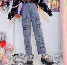 Korean jeans Harajuku style college beautiful girl anime printed women casual loose wide-leg trousers 211129