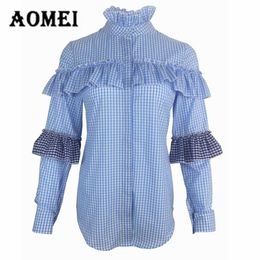 Women Blue Plaid Blouse Patchwork Shirts Long Sleeve Casual Fashion Ruffled Autumn Blouses Tops Blusas Girls Clothing 210416