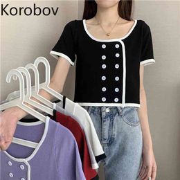 Korobov Korean New Women Pullovers Sweaters Vintage Single Breasted Sueter Mujer O Neck Short Sleeve Crop Sweaters 210430