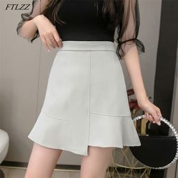 Spring Summer Black Office Lady Ruffles Mini Skirts Casual Female Solid Colour Asymmetrical High Waist Short 210430