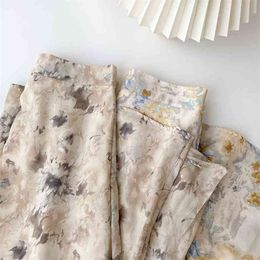 Vintage Floral Print Chiffon Long Skirts for Women Elastic High Waist Korean Spring Summer Elegant Sweet Skirt 210529