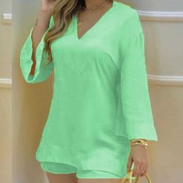 2021 Summer Two Piece Women's Set V-neck Flare Long Sleeve Top Shorts Female Sets Loose Casual Fashion Streetwear Ladies Suits Y0702