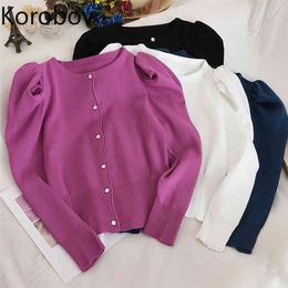Korobov Summer New Arrival Women Cardigans Korean O Neck Puff Sleeve Sweaters Vintage Single Breasted Knitwear Top 210430
