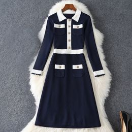 2021 Fall Autumn Long Sleeve Lapel Neck Blue Contrast Colour Knitted Panelled Buttons Single-Breasted Dress Elegant Casual Dresses 21G318B394 YCBJ